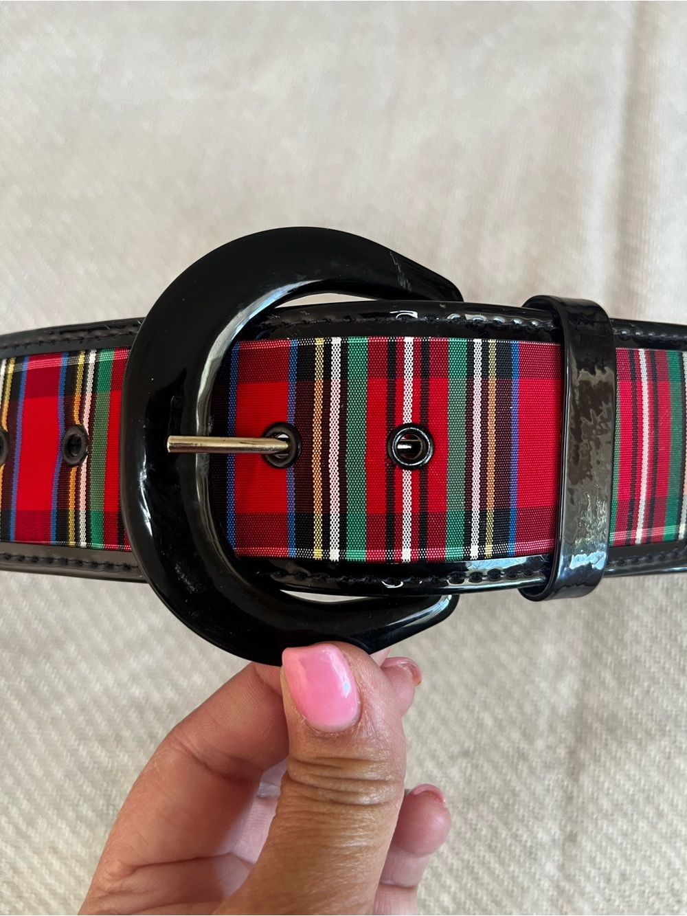 Vintage Accessories by Pearl Red Tartan Plaid Patent Belt 3327 Medium MadeinUSA